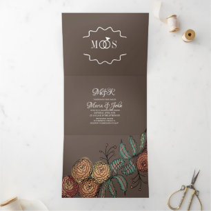 Modern Carnation Florals Botanical Ink Wedding Tri-Fold Invitation