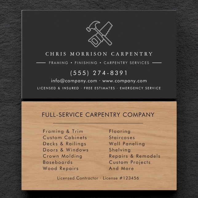 Modern Carpentry Service Wood Hammer Saw Business Card (Creator Uploaded)