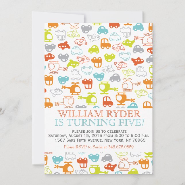 Modern Cars, Planes & Helicopters Birthday Invite (Front)
