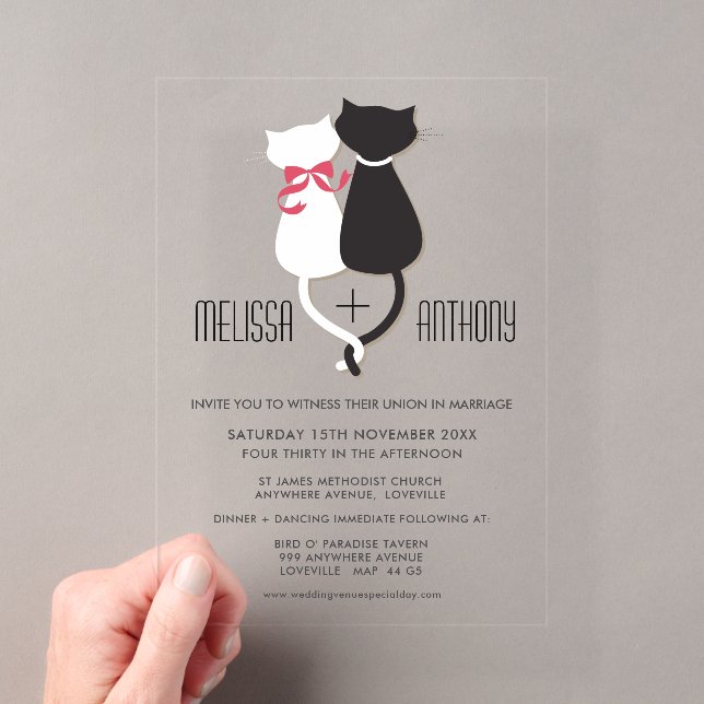 Modern Cartoon Cat Couple Monogram Wedding Invite Acrylic Invitations (Insitu (Handheld))