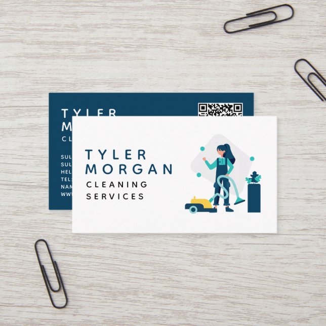Modern Cartoon Girl Cleaning Services Business Card (Front/Back In Situ)