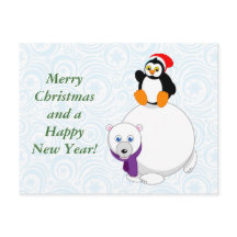 Modern cartoon of a penguin riding a polar bear,