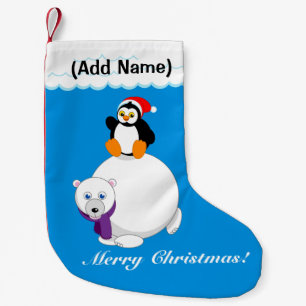 Modern cartoon of a penguin riding a polar bear, small christmas stocking