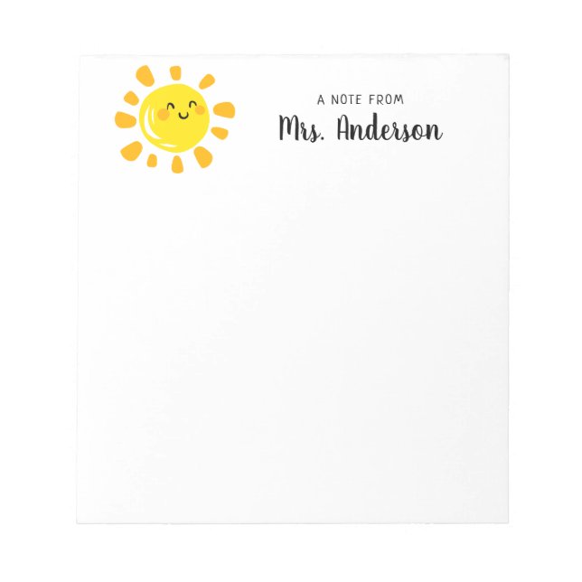 Modern Cartoon Smiling Yellow Sun Cute Teacher Notepad (Front)