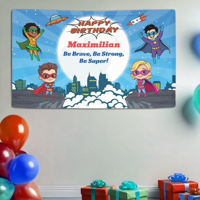Modern Cartoon Superhero Birthday Party Banner (Creator Uploaded)