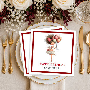 Modern Cartoon Woman Deep Red Script Birthday Napk Napkin