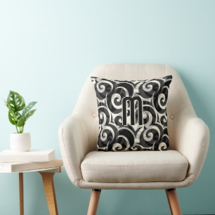 Modern Casual Disco Grey Black Ivory Monogram Throw Pillow