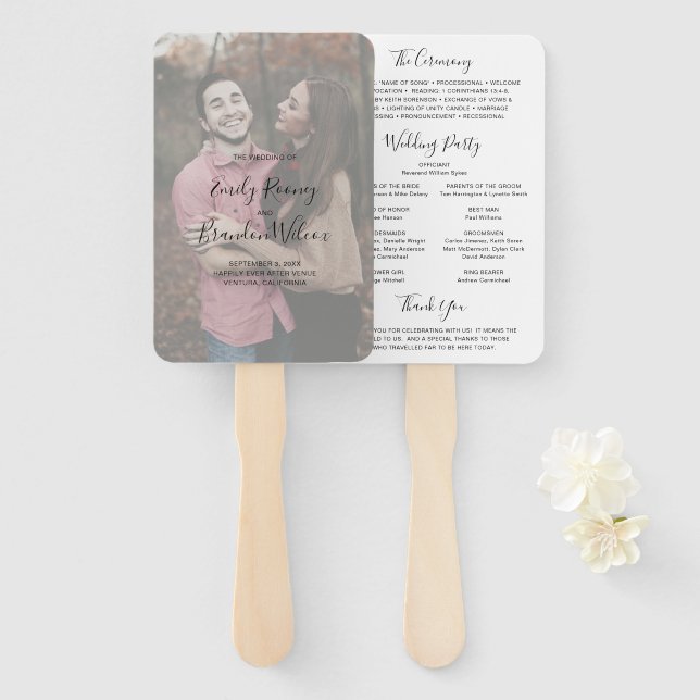 Modern Casual Elegant Script Photo Wedding Program Hand Fan (Front and Back)
