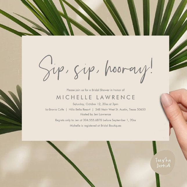 Modern Casual, fun and playful Bridal Shower Party Invitation (Sip, Sip Hooray, Modern Casual, fun and playful Bridal Shower Party Invitation Card, PDF, Cream Grey)