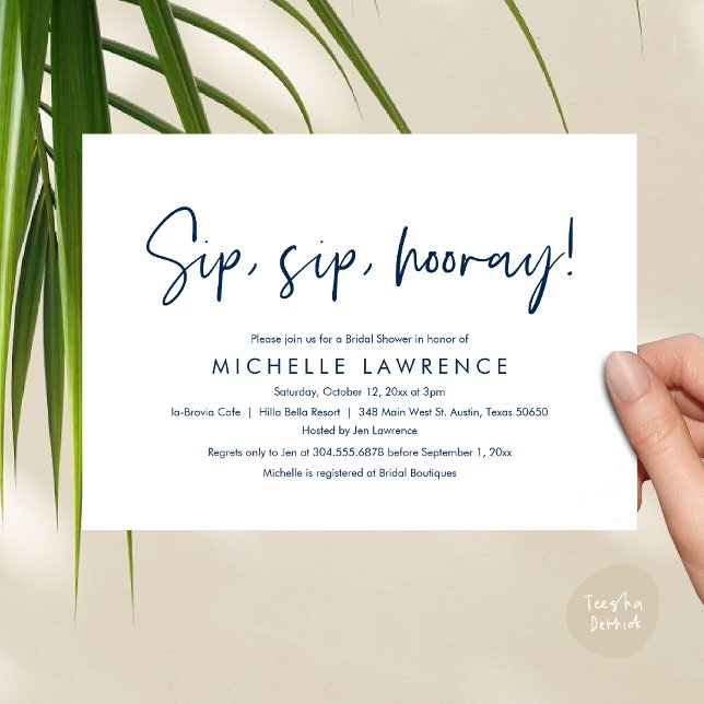 Modern Casual, fun and playful Bridal Shower Party Invitation (Sip, Sip Hooray, Modern Casual, fun and playful Bridal Shower Party Invitation Card PDF Navy Blue)