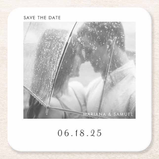 Modern Casual Photo Wedding Save the Date Square Paper Coaster (Front)