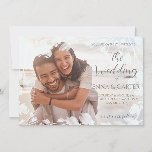 Modern Casual Photo White Floral Border Wedding Invitation (Front)