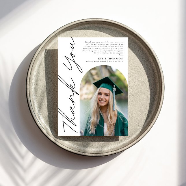 Modern Casual Script Arch Photo Graduation Black Thank You Card (Creator Uploaded)