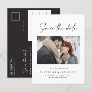 Modern casual script black typography wedding announcement postcard