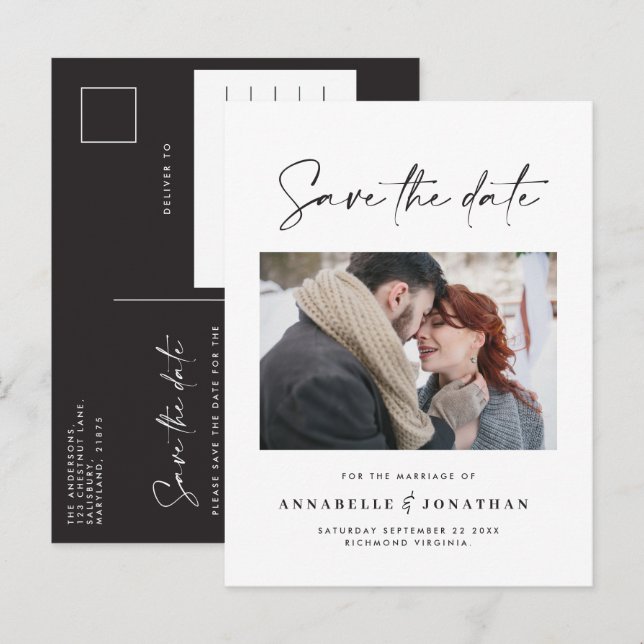 Modern casual script black typography wedding  announcement postcard (Front/Back)