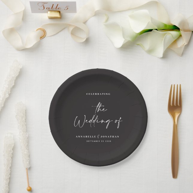 Modern casual script black typography wedding  paper plate (Wedding)