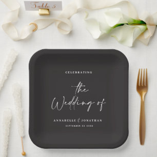 Modern casual script black typography wedding paper plate