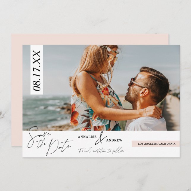 Modern casual script blush photo save the date (Front/Back)