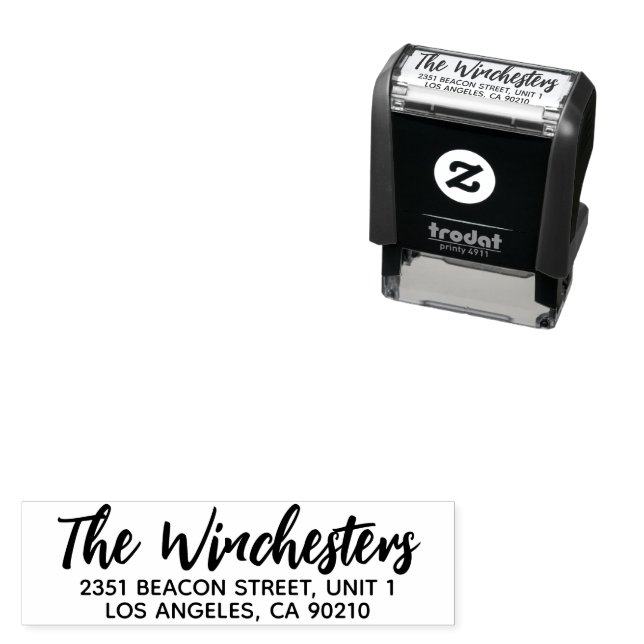 Modern casual script custom family name address self-inking stamp (In Situ)