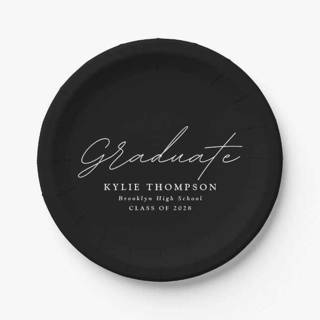 Modern Casual Script Graduation Party | Black Paper Plate (Front)