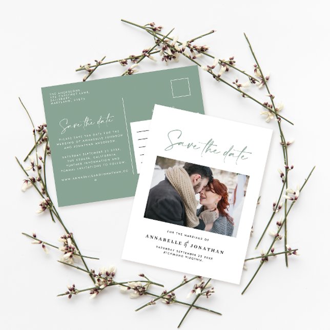Modern casual script sage green typography wedding announcement postcard (Creator Uploaded)
