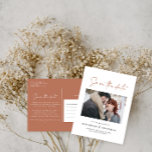 Modern casual script terracotta typography wedding announcement postcard<br><div class="desc">Modern stylish script elegant typography wedding save the date photo postcard. Modern minimal stylish design. Terracotta colour can be customized.</div>