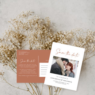 Modern casual script terracotta typography wedding announcement postcard