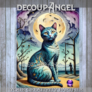 Modern Cat and Moon in Purple and Blue Decoupage Tissue Paper