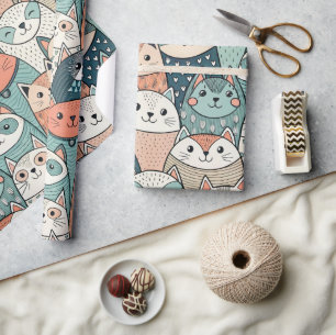 Modern Cat Characters Pattern Wrapping Paper