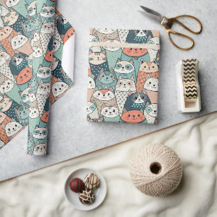 Modern Cat Characters Pattern Wrapping Paper