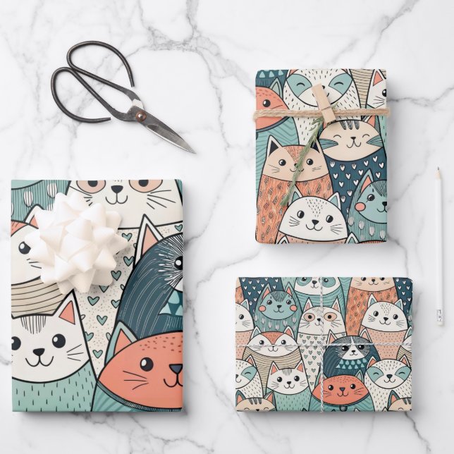 Modern Cat Characters Pattern Wrapping Paper Sheet (Front)