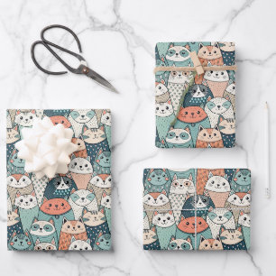 Modern Cat Characters Pattern Wrapping Paper Sheet