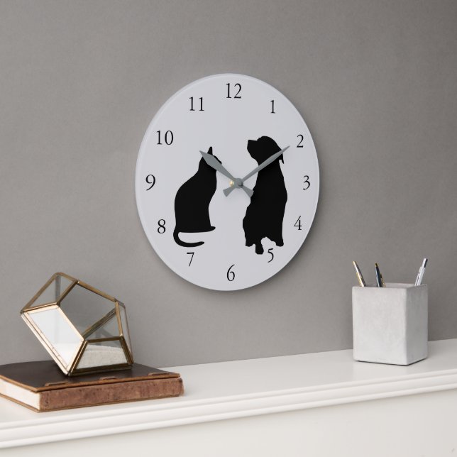 Modern cat dog  silhouettes pets grey background large clock (Office)