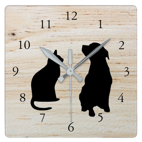 Modern cat dog silhouettes pets wooden background wall clocks