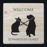 Modern cat dog silhouettes welcome family name square wall clock<br><div class="desc">Modern cat and dog silhouettes,  welcome family name,  wood patterned clock.
You can add your own text and name to personalize.</div>