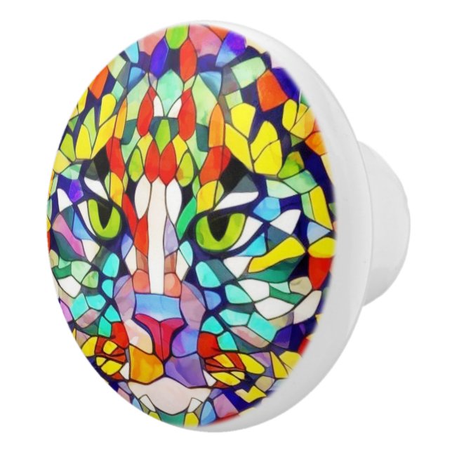 Modern Cat Face Abstract Watercolor - Colourful Ceramic Knob (Right)