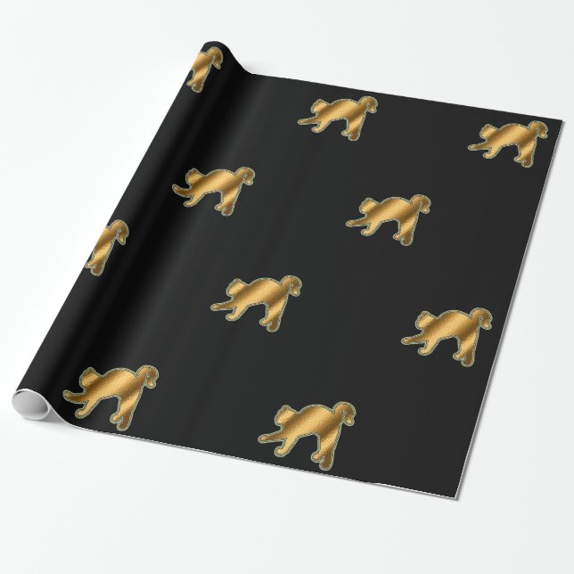 Modern Cat Gold Black Wrapping Paper (Unrolled)