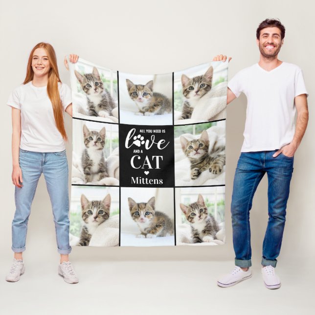 Modern Cat Lover Pet Personalized 8 Photo Collage Fleece Blanket (In Situ)