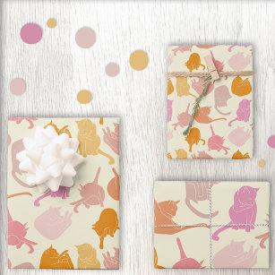 Modern Cat Pattern Pink Orange Wrapping Paper Sheet
