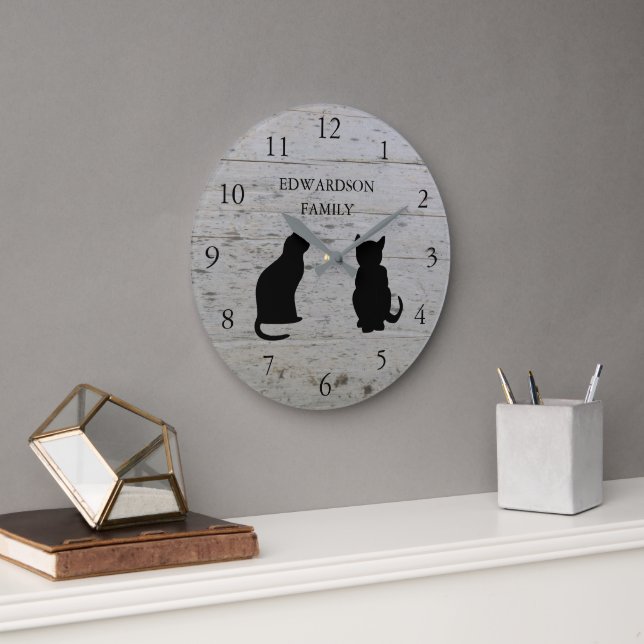 Modern cat silhouettes monogrammed wood pattern large clock (Office)