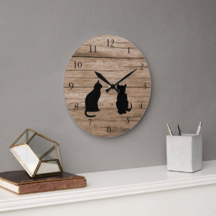 Modern cat silhouettes on rustic dark wood large clock