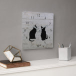 Modern cat silhouettes on rustic wood pattern square wall clock<br><div class="desc">Modern cat silhouettes,  pets,  sitting on driftwood background clock.</div>