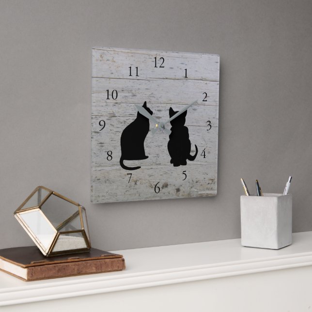 Modern cat silhouettes on rustic wood pattern square wall clock (Office)
