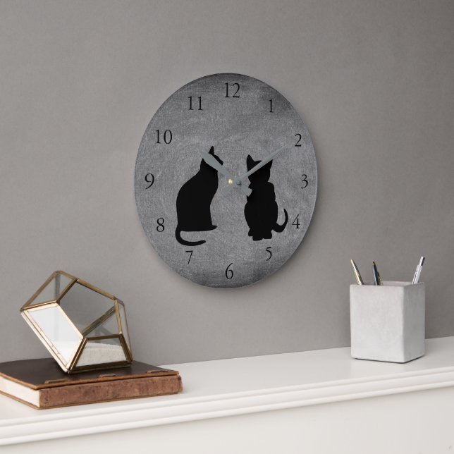 Modern cat silhouettes, pets on chalboard large clock (Office)