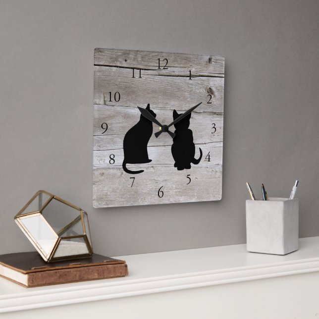 Modern cat silhouettes pets on rustic barn wood square wall clock (Office)