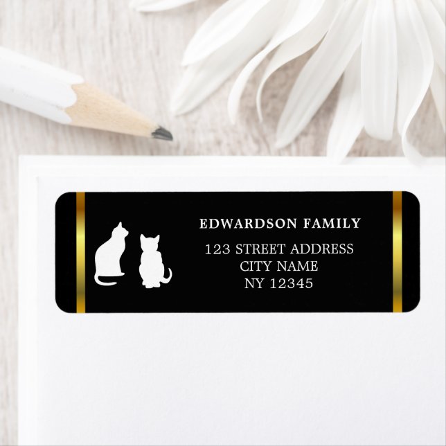 Modern cats silhouettes gold black return address (Insitu)