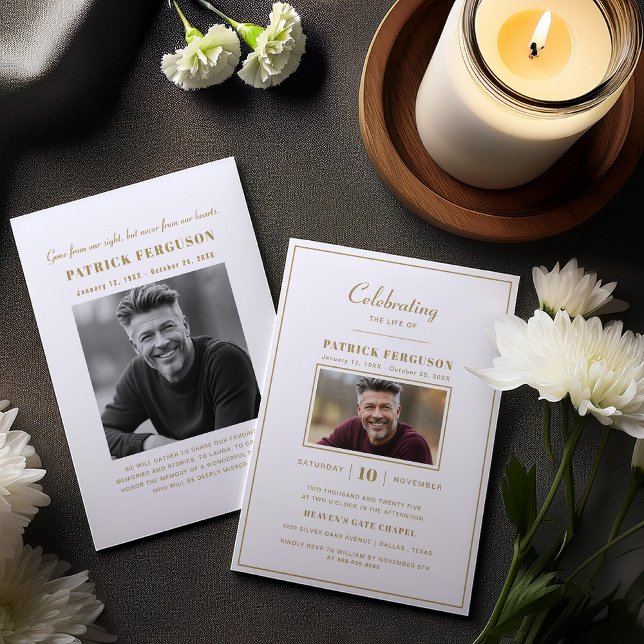 Modern Celebration Of Life Funeral Faux Gold Photo Invitation (Creator Uploaded)