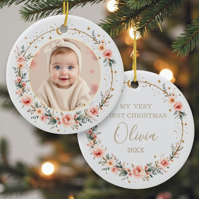 Modern Celestial Baby’s 1st Christmas Elegant Ceramic Ornament (Creator Uploaded)