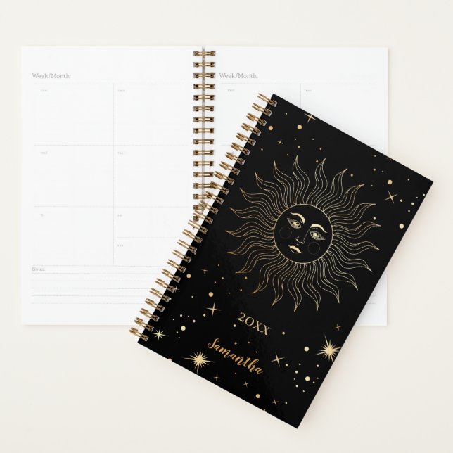 Modern Celestial Black Gold Sun Stars Name Year Planner (Display)