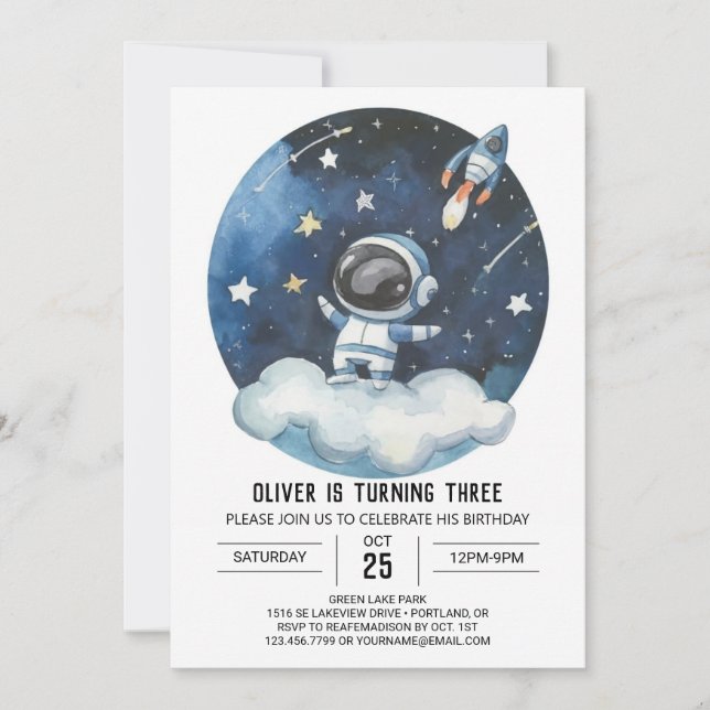 Modern Celestial Editable Astronaut Boy Birthday Invitation (Front)
